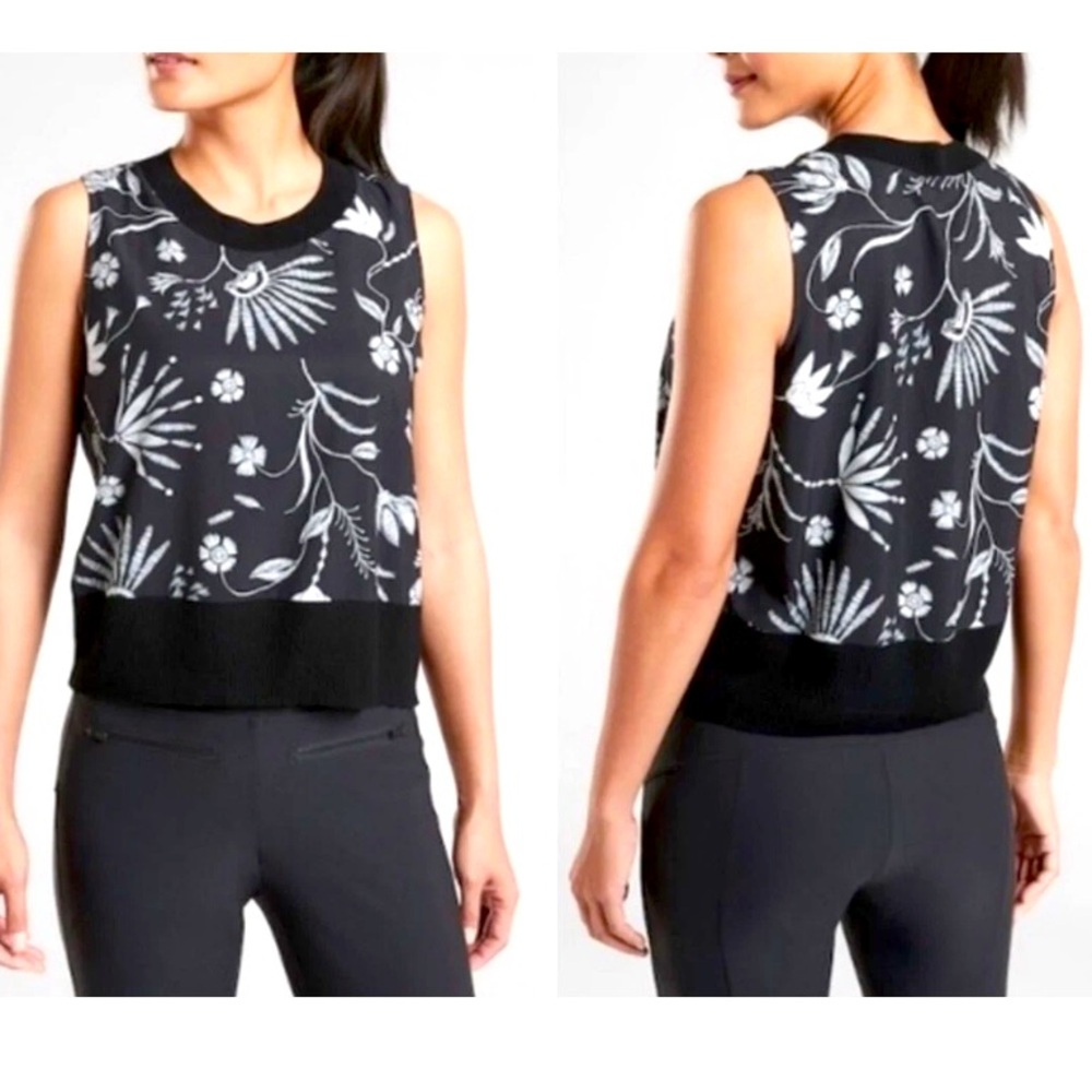 Althleta Sz Small Black Floral Print Ribbed Shell Zephyr Tank Top Black UPF 50+ - Picture 3 of 16